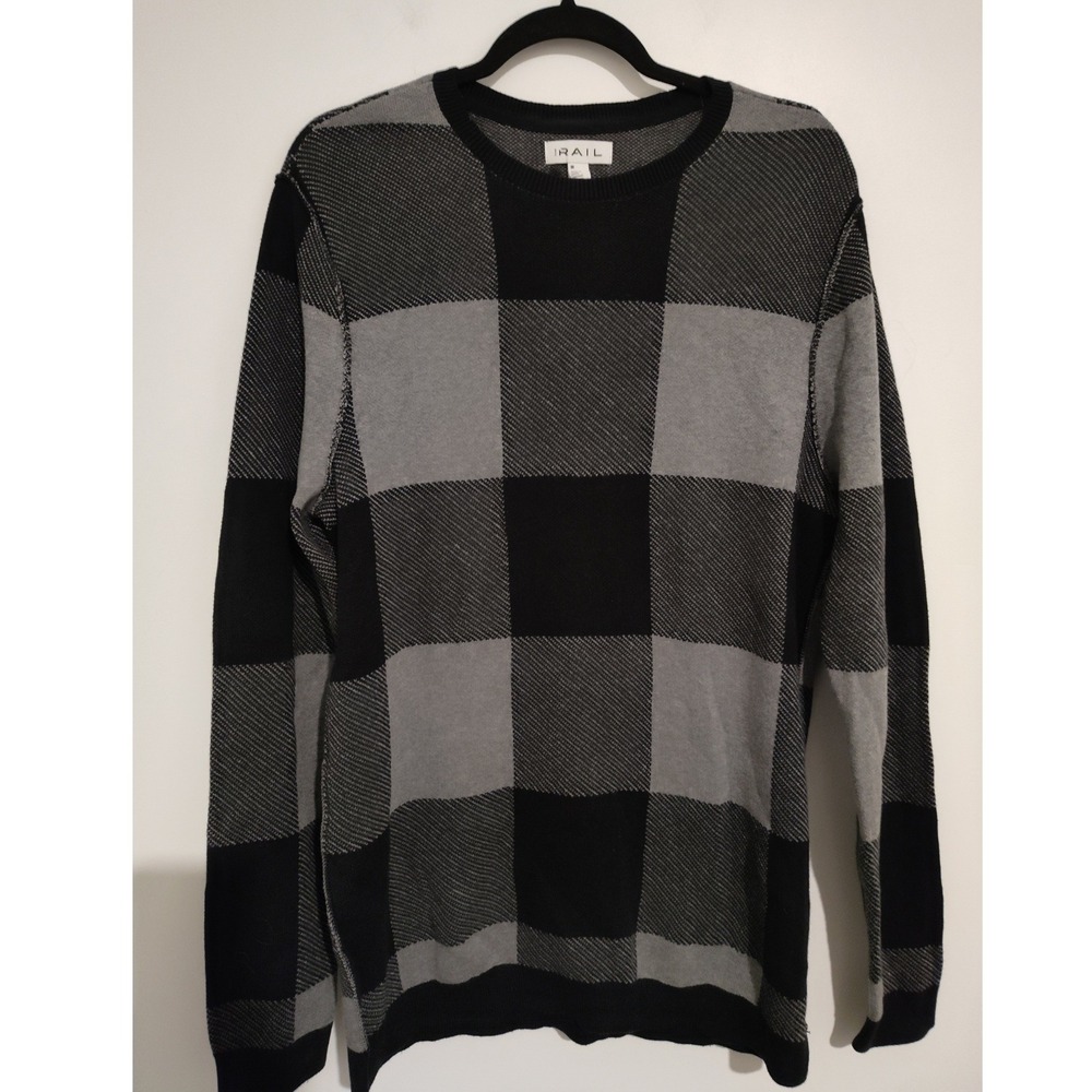 The Rail Nordstrom Mens Gray Black Buffalo Check Cotton Crewneck Sweater M NEW